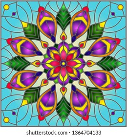 Illustration in stained glass style with abstract floral ornaments, flowers, leaves and curls on blue background, square image