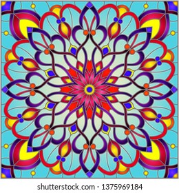 Illustration in stained glass style with abstract floral ornaments, flowers, leaves and curls on blue background, square image