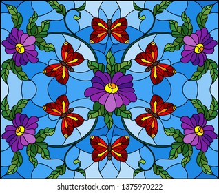 Illustration in stained glass style with abstract curly purple flower and a red butterfly on blue background 