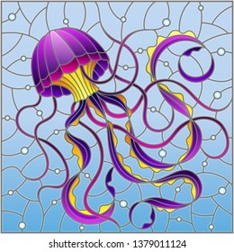 Illustration in stained glass style with abstract purple  jellyfish against a blue sea and bubbles, square image