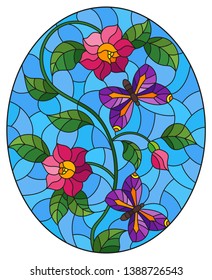 Illustration in stained glass style with abstract curly pink flowers and a purple butterfly on blue background , oval image