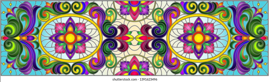 Illustration in stained glass style with abstract  swirls,flowers and leaves  on a blue background,horizontal orientation