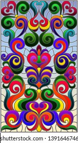 Illustration in stained glass style with abstract  swirls,flowers and leaves  on a blue background