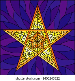 Illustration in stained glass style with abstract yellow five-pointed star on blue background