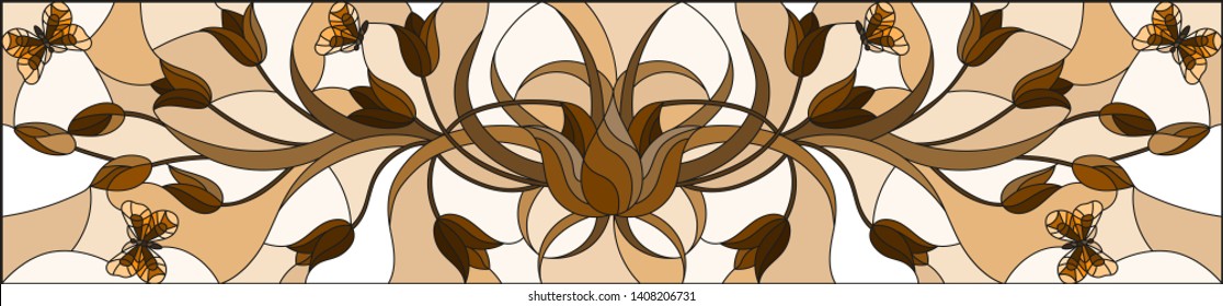 Illustration in stained glass style with abstract curly  flower and   butterfly on brown background , horizontal image, Sepia,monochrome