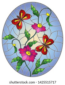 Illustration in stained glass style with abstract curly pink flowers and a red butterfly on blue background , oval image