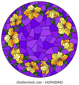 Illustration in stained glass style with abstract yellow flowers, leaves and swirls, on blue background