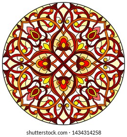 Illustration in stained glass style with abstract flowers, leaves and swirls, circular image on white background