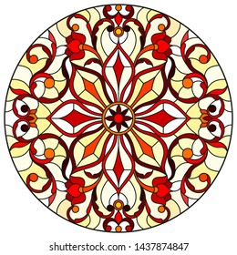 Illustration in stained glass style with abstract flowers, leaves and swirls, circular image on white background