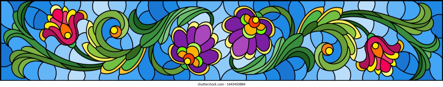 Illustration in stained glass style with abstract  swirls,flowers and leaves  on a blue background,horizontal orientation