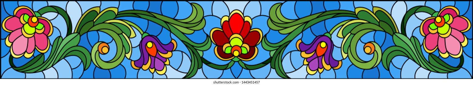 Illustration in stained glass style with abstract  swirls,flowers and leaves  on a blue background,horizontal orientation