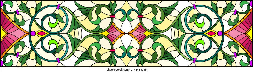 Illustration in stained glass style with abstract  swirls,flowers and leaves  on a yellow background,horizontal orientation