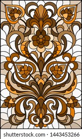 Illustration in stained glass style with abstract  swirls and leaves  on a light background,vertical orientation, sepia