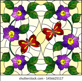Illustration in stained glass style with abstract curly purple flower and a red butterfly on yellow background