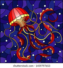 Illustration in stained glass style with abstract red  jellyfish against a blue sea and bubbles, square image