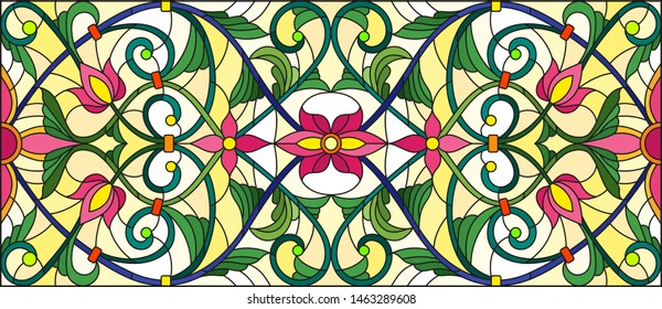 Illustration in stained glass style with abstract  swirls,flowers and leaves  on a yellow background,horizontal orientation