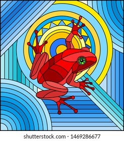 Illustration in stained glass style with abstract red frog on geometric blue with sun background 