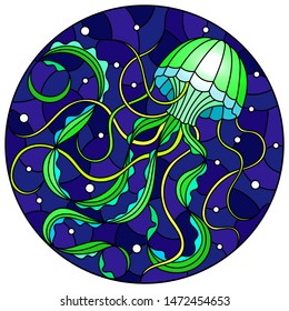 Illustration in stained glass style with abstract green  jellyfish against a dark blue sea and bubbles, round image