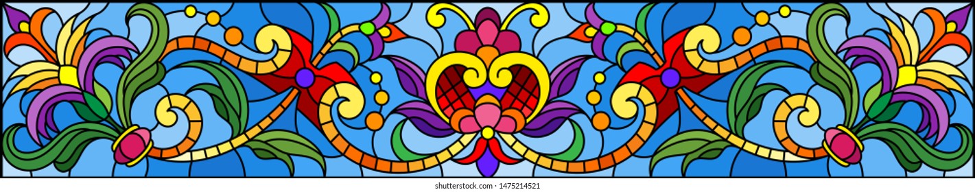 Illustration in stained glass style with abstract  swirls,flowers and leaves  on a blue background,horizontal orientation