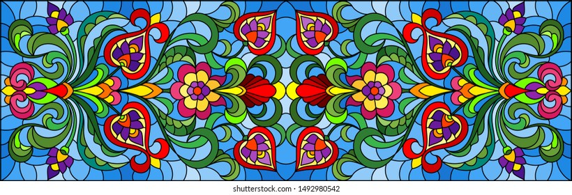 Illustration in stained glass style with abstract  swirls,flowers and leaves  on a blue background,horizontal orientation