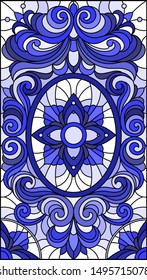 Illustration in stained glass style with abstract  swirls and leaves  on a light background,vertical orientation, blue tone