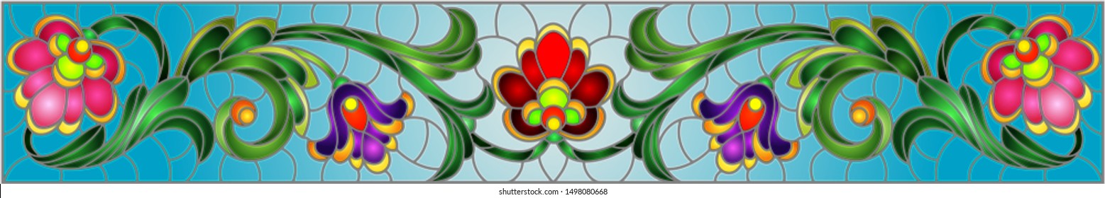 Illustration in stained glass style with abstract  swirls,flowers and leaves  on a blue background,horizontal orientation