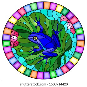 Illustration in stained glass style with abstract blue frog on Lotus leaf on water and flowers, oval image in bright frame