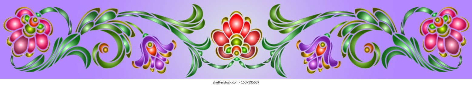 Illustration in stained glass style with abstract  swirls,flowers and leaves  on a blue background,horizontal orientation
