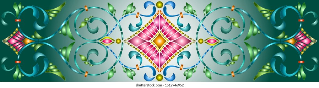 Illustration in stained glass style with abstract  swirls,flowers and leaves  on a blue background,horizontal orientation
