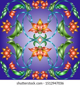 Illustration in stained glass style with abstract  swirls,flowers and leaves  on a blue background,horizontal orientation