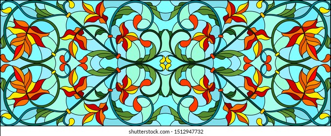 Illustration in stained glass style with abstract  swirls and maple  leaves  on a sky  background,horizontal orientation