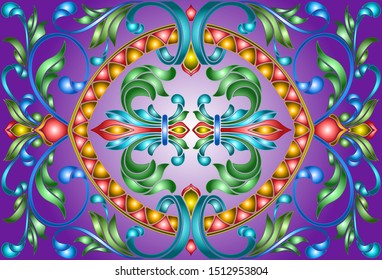 Illustration in stained glass style with abstract  swirls,flowers and leaves  on a blue background,horizontal orientation