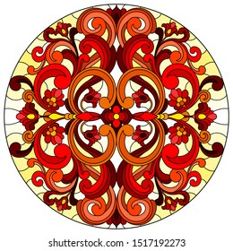 Illustration in stained glass style with abstract flowers, leaves and swirls, circular image on white background