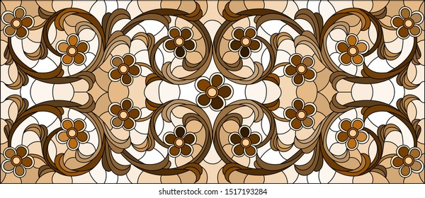 Illustration in stained glass style with abstract flowers, swirls and leaves  on a light background,horizontal orientation, sepia