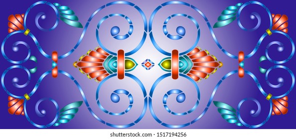 Illustration in stained glass style with abstract swirls, flowers and leaves  on a blue background. horizontal orientation.