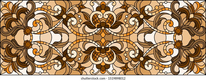 Illustration in stained glass style with abstract flowers, swirls and leaves  on a light background,horizontal orientation, sepia