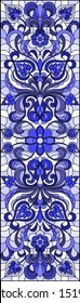 Illustration in stained glass style with abstract  swirls and leaves  on a light background,vertical orientation, blue tone