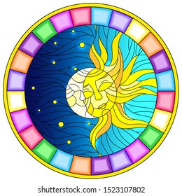 Illustration in stained glass style , abstract sun and moon in the sky,round image in bright frame 