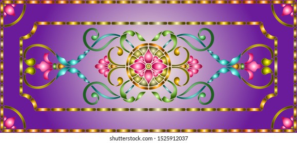 Illustration in stained glass style with abstract  swirls,flowers and leaves  on a purple background,horizontal orientation