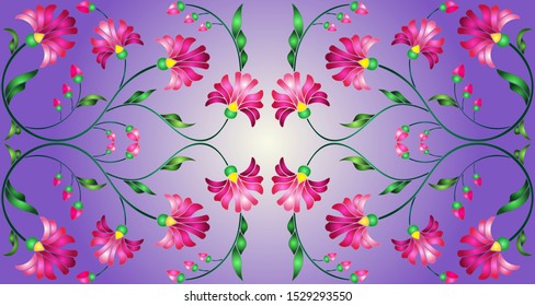 Illustration in stained glass style with abstract pink flowers on a purple  background,horizontal orientation