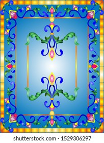 Illustration in stained glass style with abstract  swirls,flowers and leaves  on a blue background,horizontal orientation