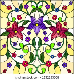 Illustration in stained glass style with abstract floral ornaments, flowers, leaves and curls on yellow background, square image