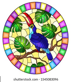 Illustration in stained glass style with abstract blue bird Toucan on branch tropical tree against on a yellow background, oval image in bright frame