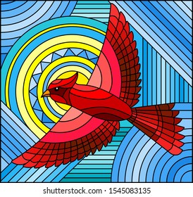 Illustration in stained glass style with abstract geometric red bird on a blue  background