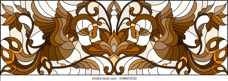 Illustration in stained glass style with abstract birds and flowers on a light background , horizontal image, tone brown