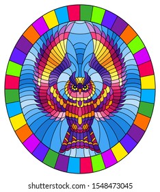 Illustration in stained glass style with abstract  bright owl flying on sky background, oval image in bright frame