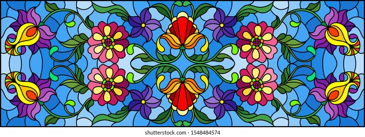 Illustration in stained glass style with abstract  swirls,flowers and leaves  on a blue background,horizontal orientation