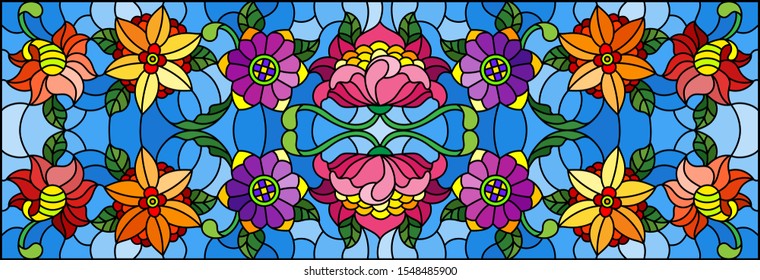 Illustration in stained glass style with abstract  swirls,flowers and leaves  on a blue background,horizontal orientation