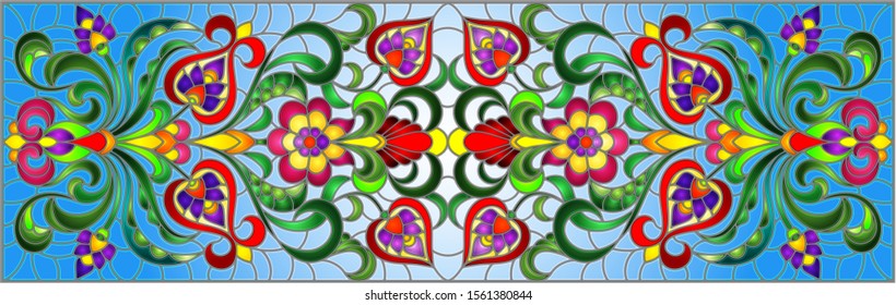 Illustration in stained glass style with abstract  swirls,flowers and leaves  on a blue background,horizontal orientation