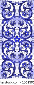 Illustration in stained glass style with abstract flowers, swirls and leaves  on a light background,horizontal blue tone
